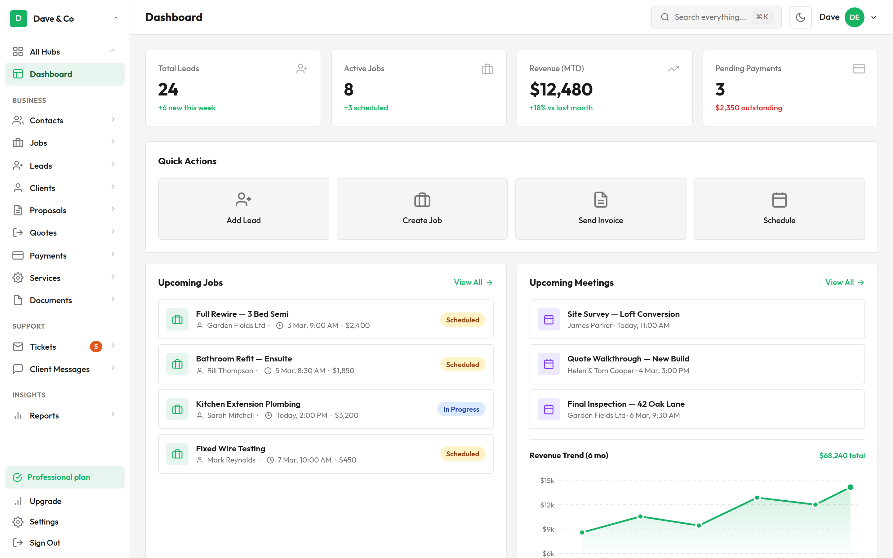 GraftPal Dashboard, manage leads, jobs, payments, and clients in one place